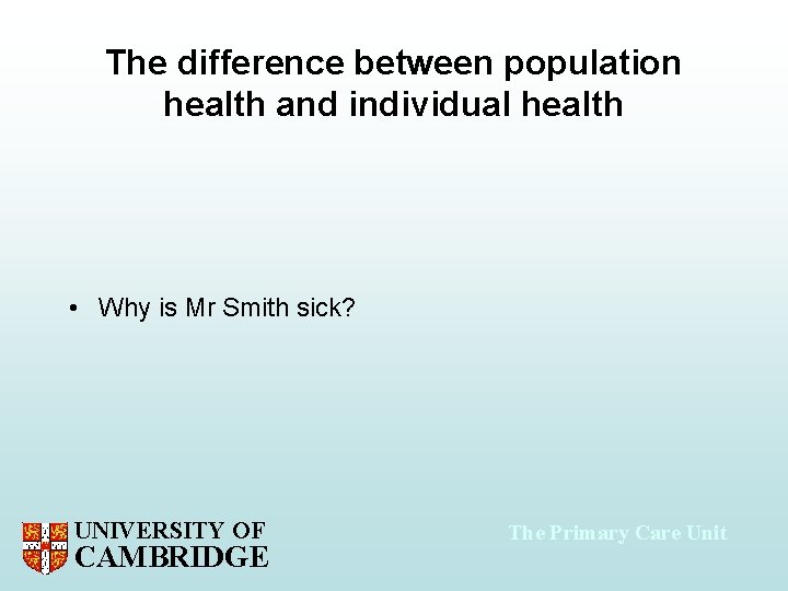 The difference between population health and individual health • Why is Mr Smith sick?