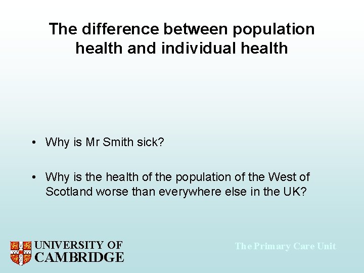 The difference between population health and individual health • Why is Mr Smith sick?