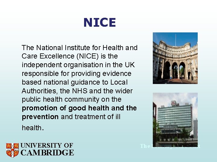 NICE The National Institute for Health and Care Excellence (NICE) is the independent organisation