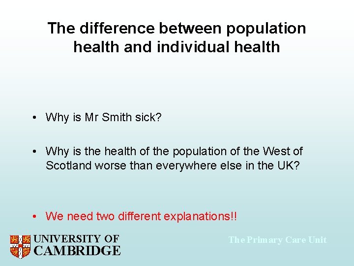 The difference between population health and individual health • Why is Mr Smith sick?