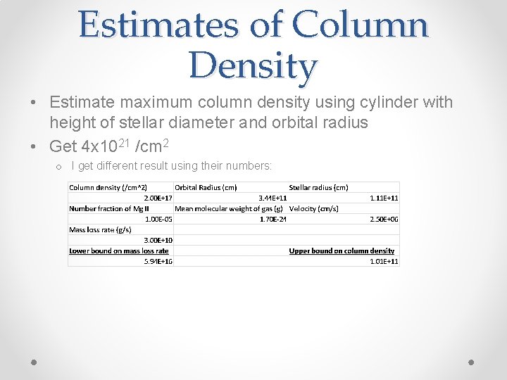 Estimates of Column Density • Estimate maximum column density using cylinder with height of