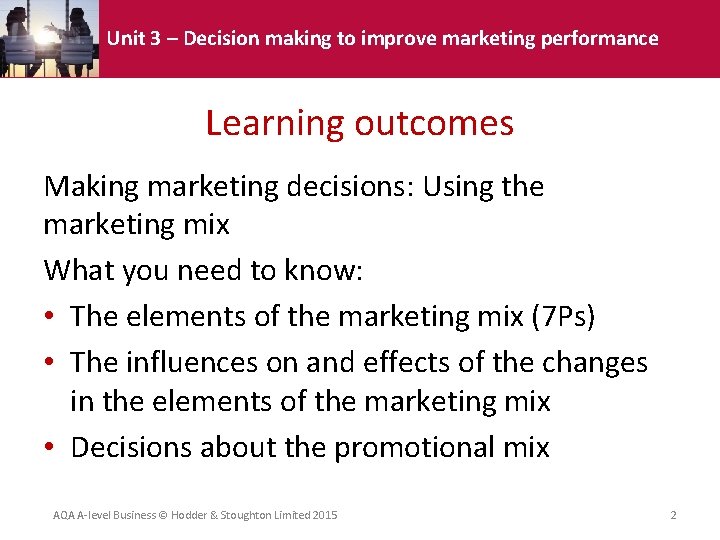 Unit 3 – Decision making to improve marketing performance Learning outcomes Making marketing decisions: Unit 3 – Decision making to improve marketing performance Learning outcomes Making marketing decisions: