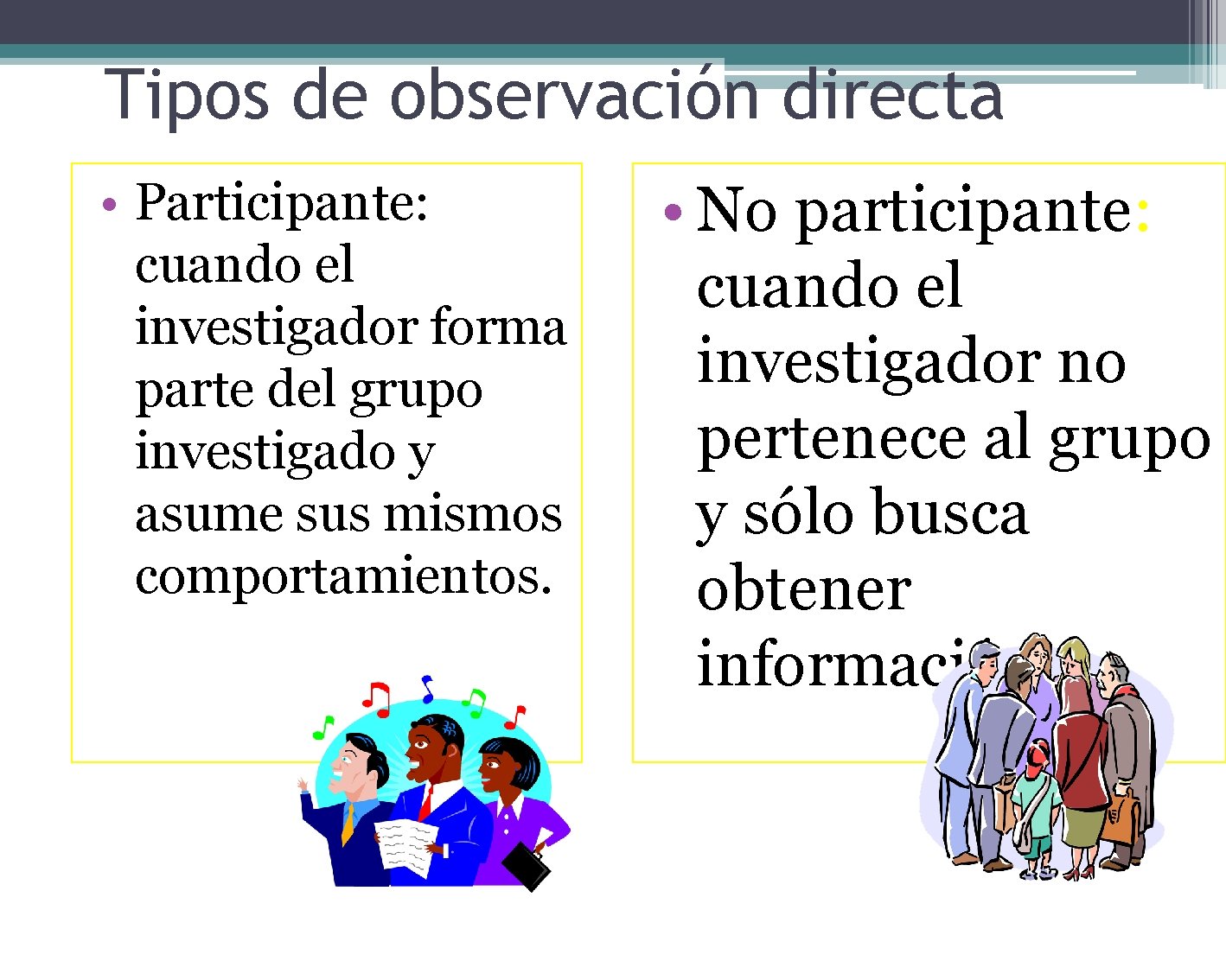 Tipos de observación directa • Participante: cuando el investigador forma parte del grupo investigado