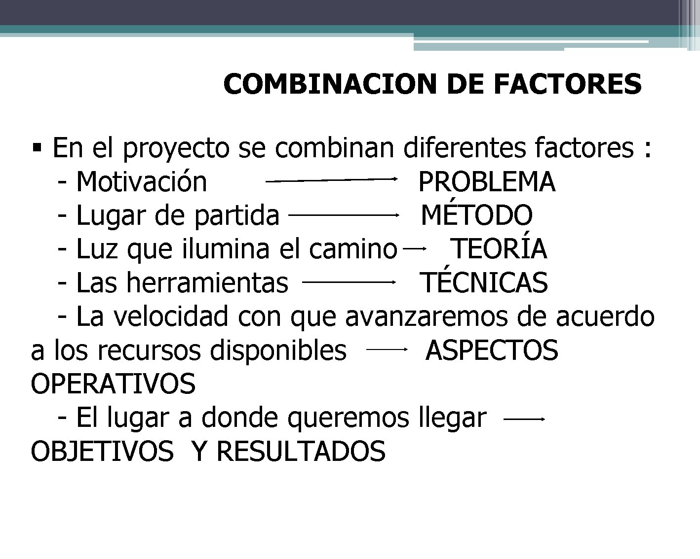COMBINACION DE FACTORES § En el proyecto se combinan diferentes factores : - Motivación