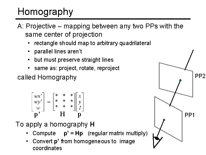 Homography A: Projective – mapping between any two PPs with the same center of