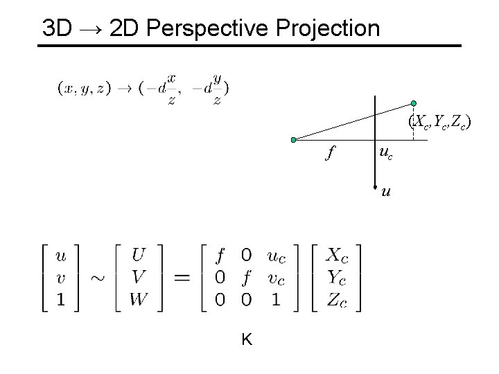 3 D → 2 D Perspective Projection (Xc, Yc, Zc) f uc u K