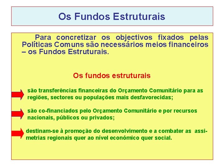 Os Fundos Estruturais Para concretizar os objectivos fixados pelas Políticas Comuns são necessários meios Os Fundos Estruturais Para concretizar os objectivos fixados pelas Políticas Comuns são necessários meios
