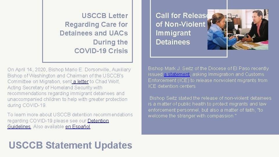 USCCB Letter Regarding Care for Detainees and UACs During the COVID-19 Crisis On April