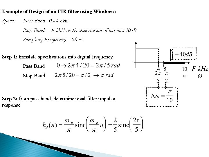 Example of Design of an FIR filter using Windows: Specs: Pass Band 0 -