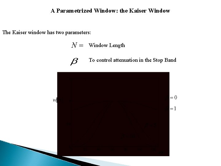 A Parametrized Window: the Kaiser Window The Kaiser window has two parameters: Window Length