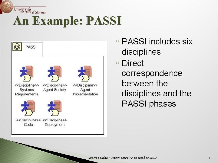An Example: PASSI includes six disciplines Direct correspondence between the disciplines and the PASSI
