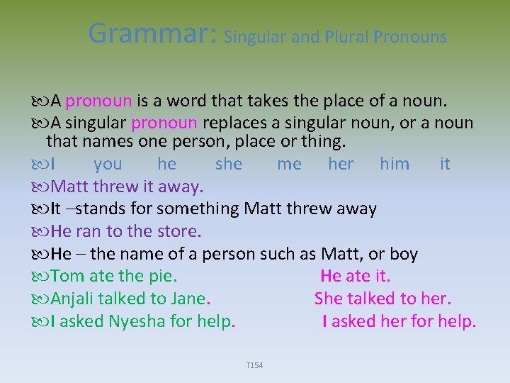 Grammar: Singular and Plural Pronouns A pronoun is a word that takes the place