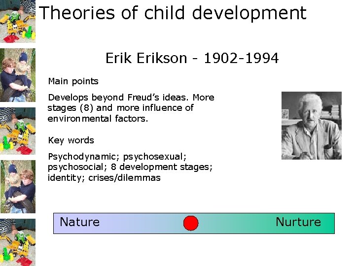 Theories of child development Erikson - 1902 -1994 Main points Develops beyond Freud’s ideas.