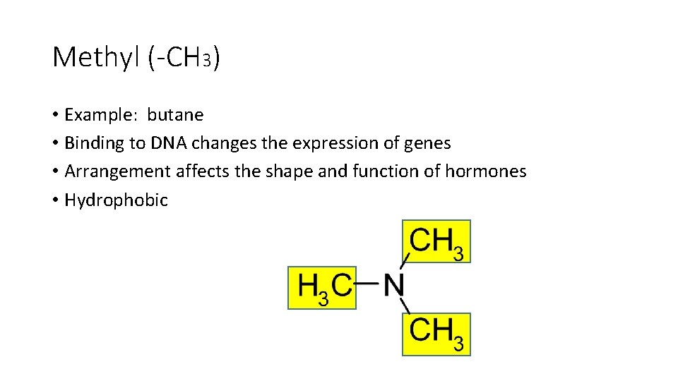 Methyl (-CH 3) • Example: butane • Binding to DNA changes the expression of