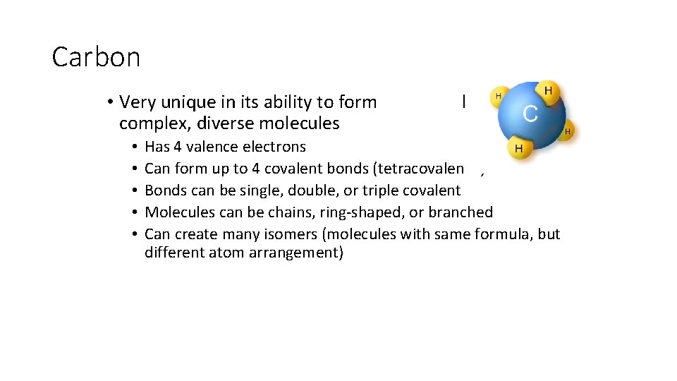 Carbon • Very unique in its ability to form complex, diverse molecules • •