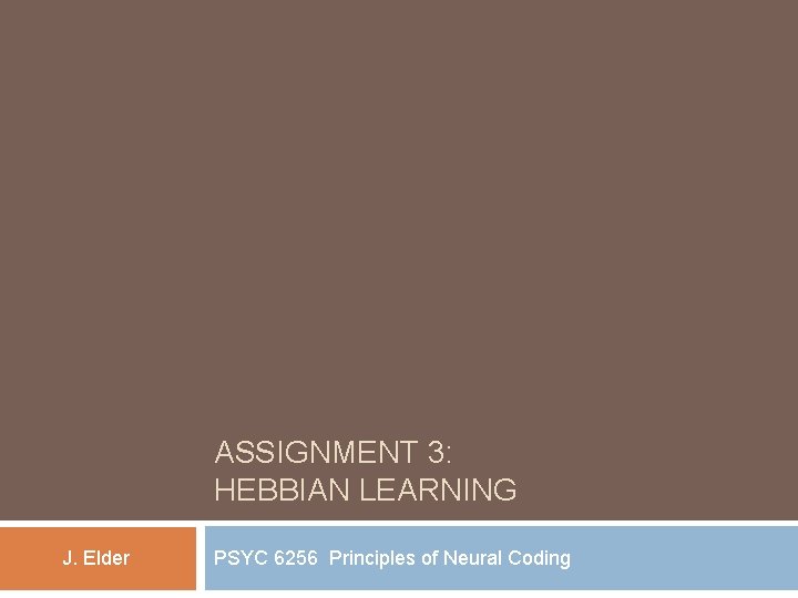 ASSIGNMENT 3: HEBBIAN LEARNING J. Elder PSYC 6256 Principles of Neural Coding 