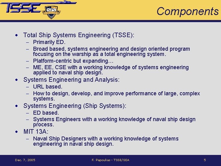 Components · Total Ship Systems Engineering (TSSE): - Primarily ED. - Broad based, systems