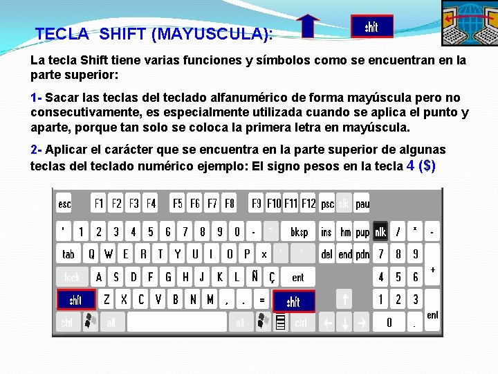 TECLA SHIFT (MAYUSCULA): La tecla Shift tiene varias funciones y símbolos como se encuentran