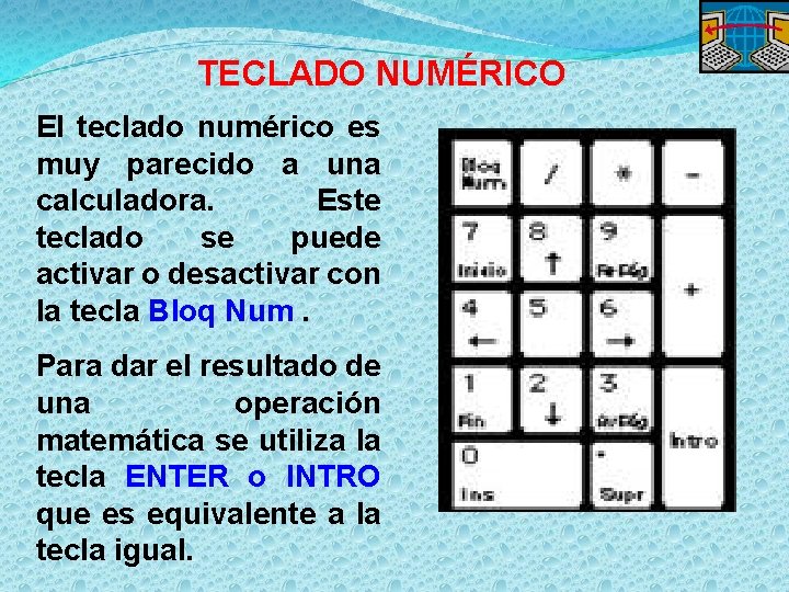 TECLADO NUMÉRICO El teclado numérico es muy parecido a una calculadora. Este teclado se