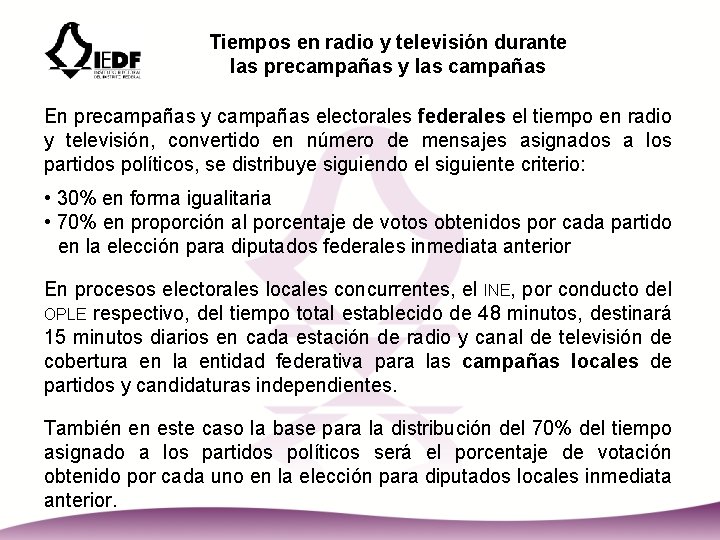 Tiempos en radio y televisión durante las precampañas y las campañas En precampañas y