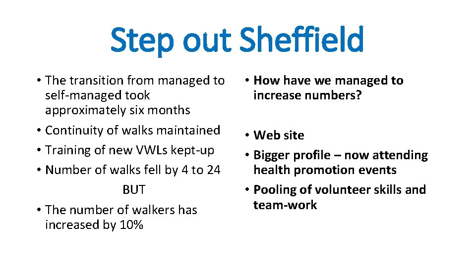 Step out Sheffield • The transition from managed to self-managed took approximately six months