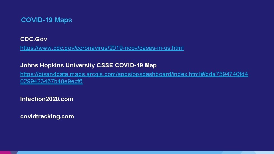 COVID-19 Maps CDC. Gov https: //www. cdc. gov/coronavirus/2019 -ncov/cases-in-us. html Johns Hopkins University CSSE COVID-19 Maps CDC. Gov https: //www. cdc. gov/coronavirus/2019 -ncov/cases-in-us. html Johns Hopkins University CSSE