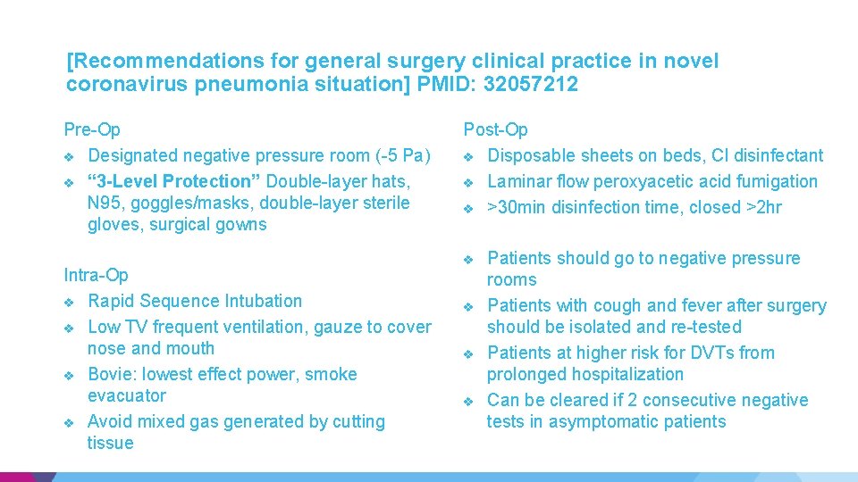 [Recommendations for general surgery clinical practice in novel coronavirus pneumonia situation] PMID: 32057212 Pre-Op