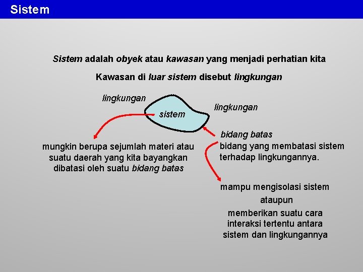 Sistem adalah obyek atau kawasan yang menjadi perhatian kita Kawasan di luar sistem disebut