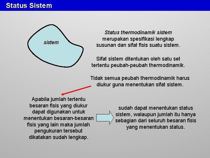 Status Sistem Status thermodinamik sistem merupakan spesifikasi lengkap susunan dan sifat fisis suatu sistem