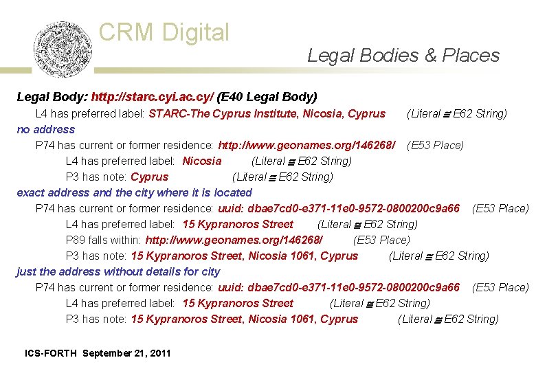 CRM Digital Legal Bodies Places Data Acquisition Event& - Schema Legal Body: http: //starc.