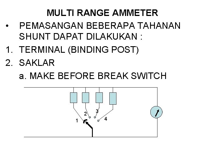 MULTI RANGE AMMETER • PEMASANGAN BEBERAPA TAHANAN SHUNT DAPAT DILAKUKAN : 1. TERMINAL (BINDING MULTI RANGE AMMETER • PEMASANGAN BEBERAPA TAHANAN SHUNT DAPAT DILAKUKAN : 1. TERMINAL (BINDING