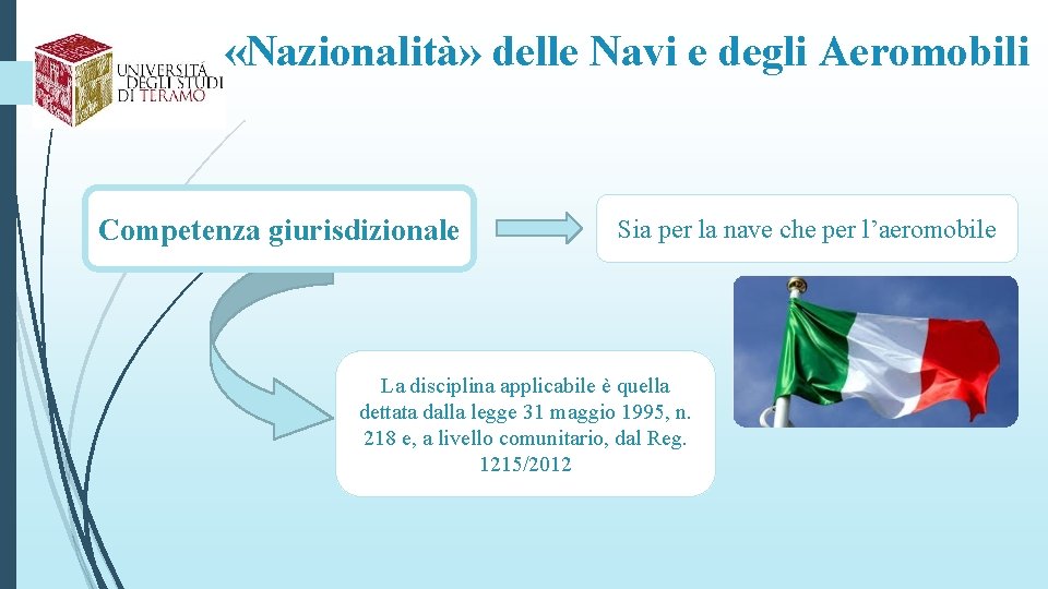  «Nazionalità» delle Navi e degli Aeromobili Competenza giurisdizionale Sia per la nave che