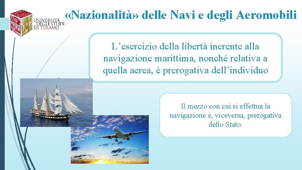  «Nazionalità» delle Navi e degli Aeromobili L’esercizio della libertà inerente alla navigazione marittima,