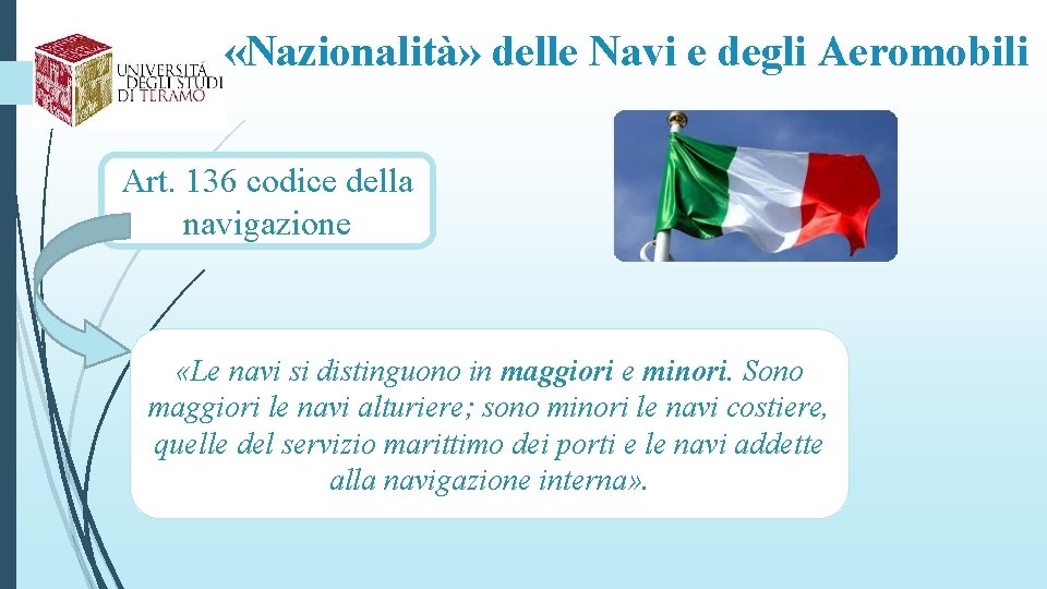  «Nazionalità» delle Navi e degli Aeromobili Art. 136 codice della navigazione «Le navi