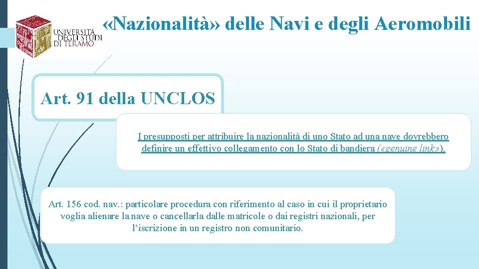  «Nazionalità» delle Navi e degli Aeromobili Art. 91 della UNCLOS I presupposti per