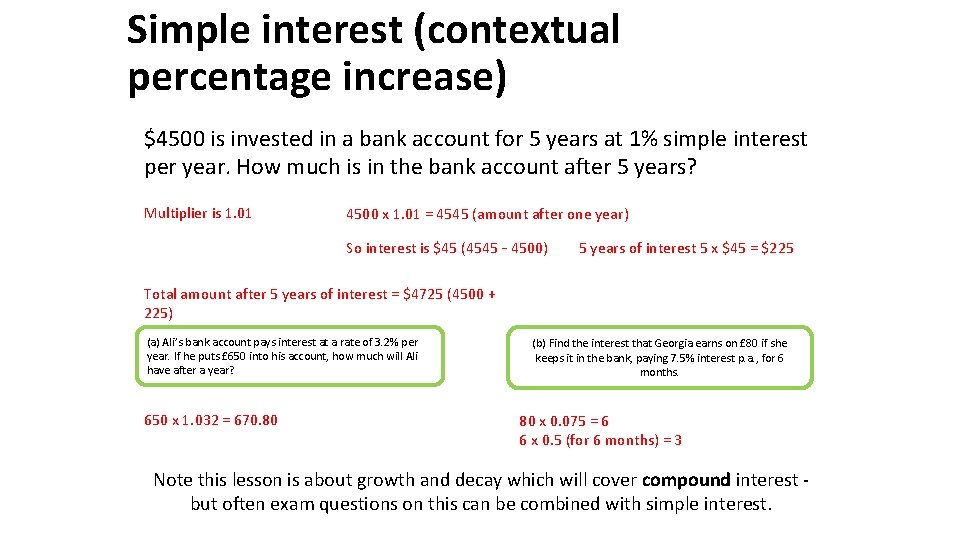 Simple interest (contextual percentage increase) $4500 is invested in a bank account for 5