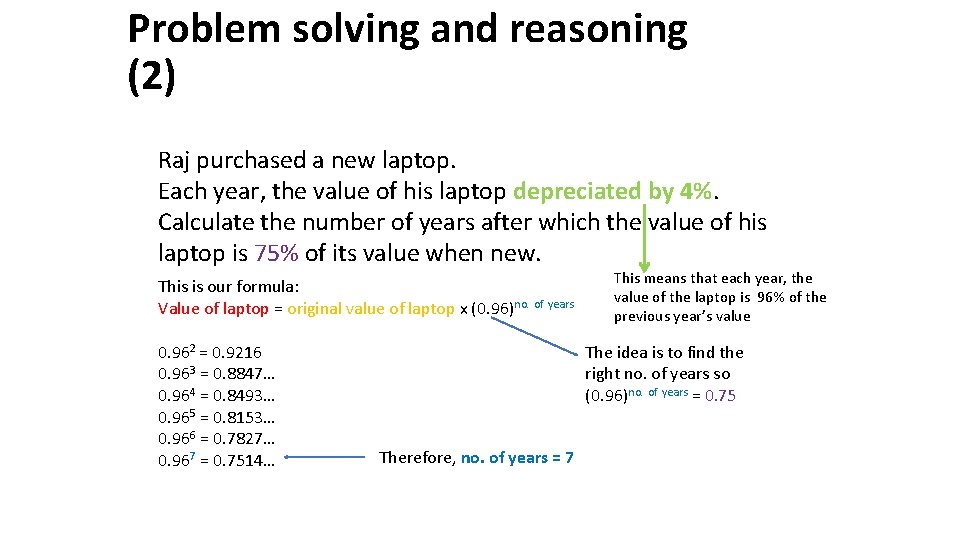 Problem solving and reasoning (2) Raj purchased a new laptop. Each year, the value