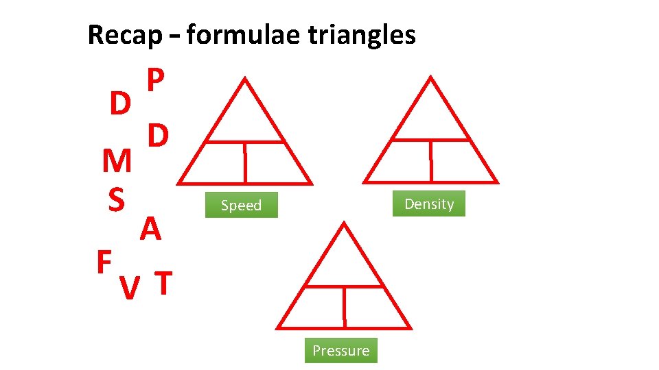 Recap – formulae triangles P D D M S A F VT Density Speed