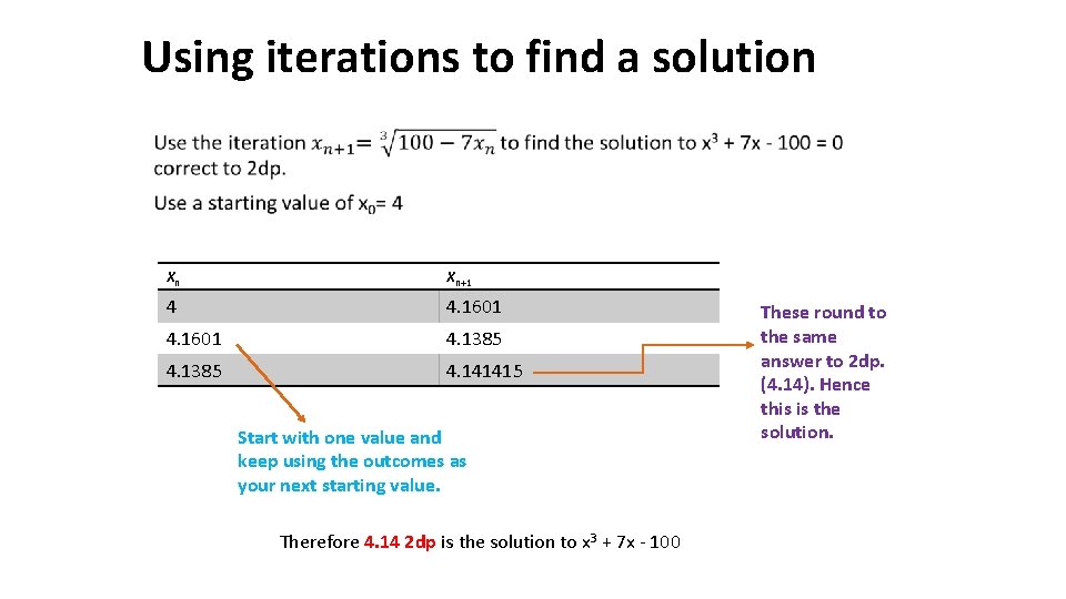 Using iterations to find a solution • Xn Xn+1 4 4. 1601 4. 1385