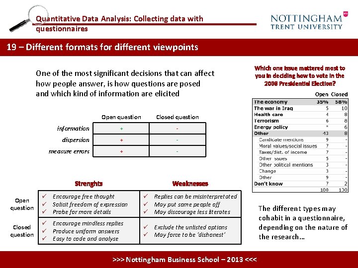 Quantitative Data Analysis: Collecting data with questionnaires 19 – Different formats for different viewpoints