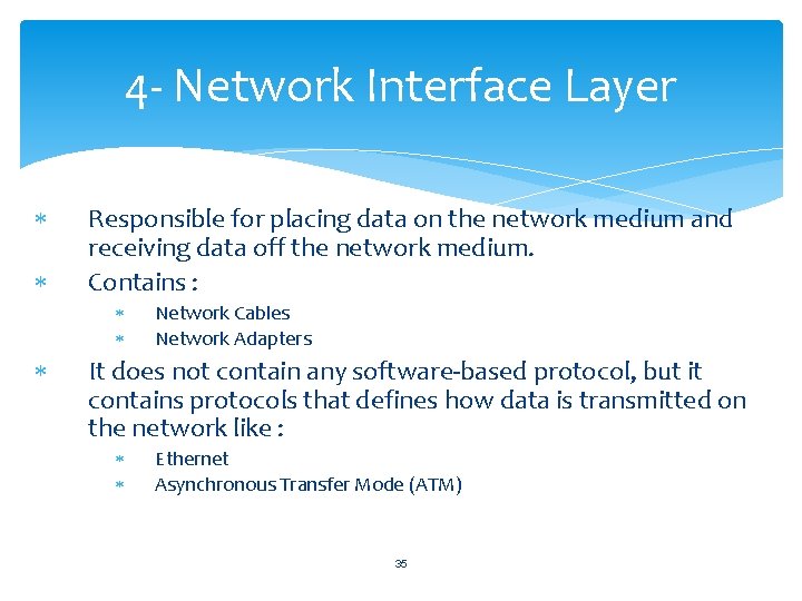 4 - Network Interface Layer Responsible for placing data on the network medium and