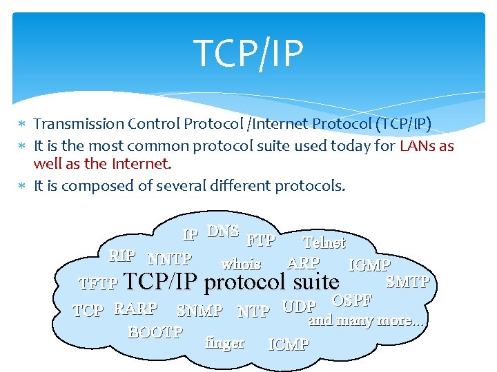 TCP/IP Transmission Control Protocol /Internet Protocol (TCP/IP) It is the most common protocol suite