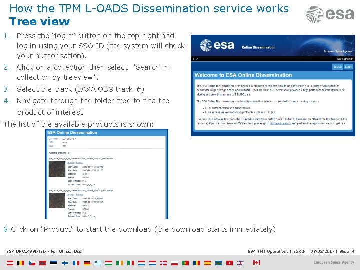 How the TPM L-OADS Dissemination service works Tree view 1. Press the “login” button
