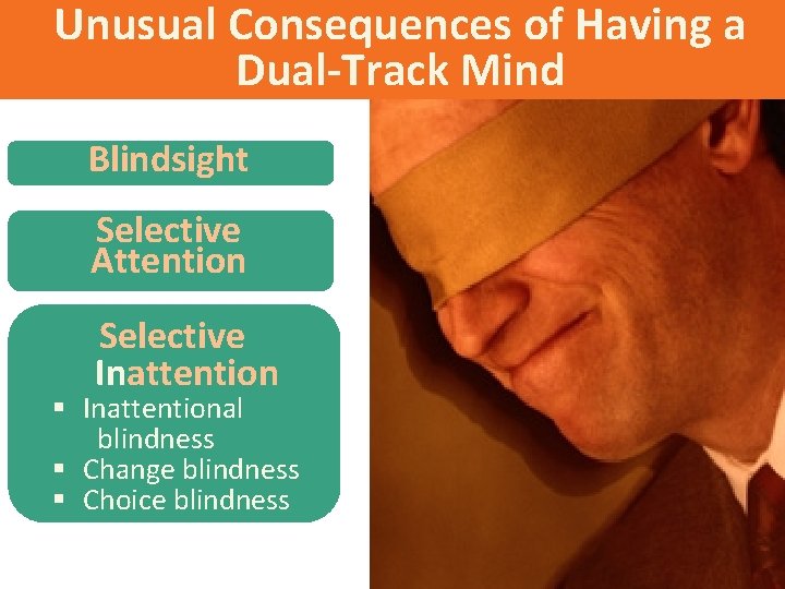 Unusual Consequences of Having a Dual-Track Mind Blindsight Selective Attention Selective Inattention § Inattentional