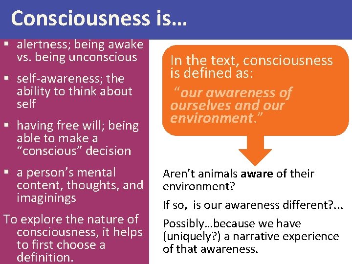 Consciousness is… § alertness; being awake vs. being unconscious § self-awareness; the ability to