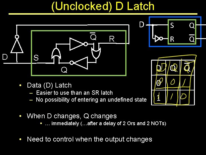 (Unclocked) D Latch D Q D R S Q • Data (D) Latch –