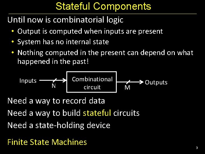 Stateful Components Until now is combinatorial logic • Output is computed when inputs are