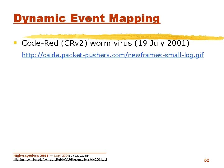 Dynamic Event Mapping § Code-Red (CRv 2) worm virus (19 July 2001) http: //caida.