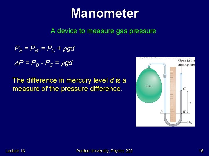 Manometer A device to measure gas pressure PB = PB’ = PC + gd