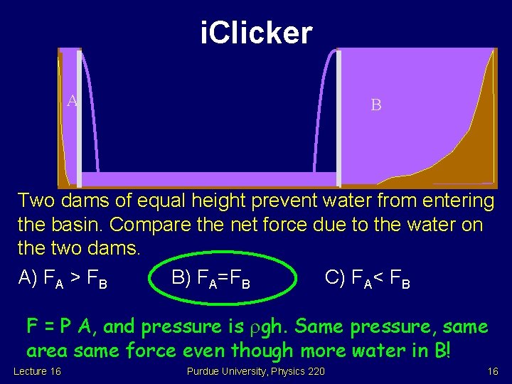 i. Clicker A B Two dams of equal height prevent water from entering the